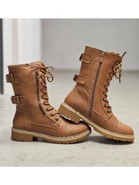 Womens Tan Lace-Up & Side-Zip Combat Boots With Adjustable Buckles Chunky Sole A